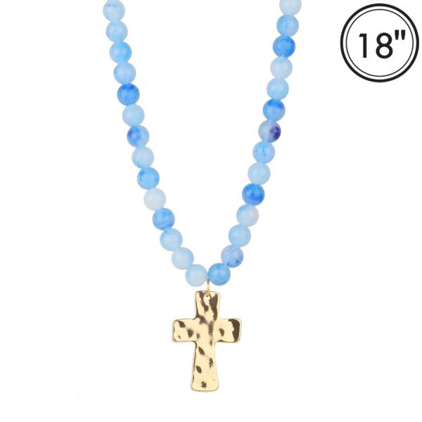 BEADED METAL CROSS PENDANT NECKLACE