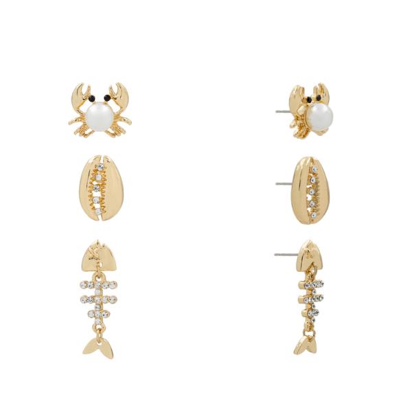 SEALIFE MULTI CRAB COWRIE FISH STUD EARRING 3 PAIR SET