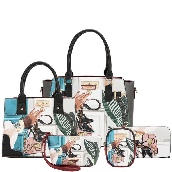 NICOLE LEE EMOTION TOTE BAG W CROSSBODY POUCH COIN PURSE AND WALLET 5PC SET