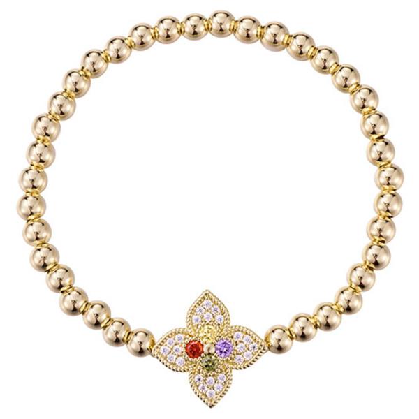 5MM BALL BEAD&MULTI COLOR CZ FLOWER STRETCH BRACELET