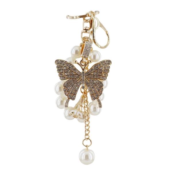 RHINESTONE BUTTERFLY PEARL BAG CHARM KEYCHAIN