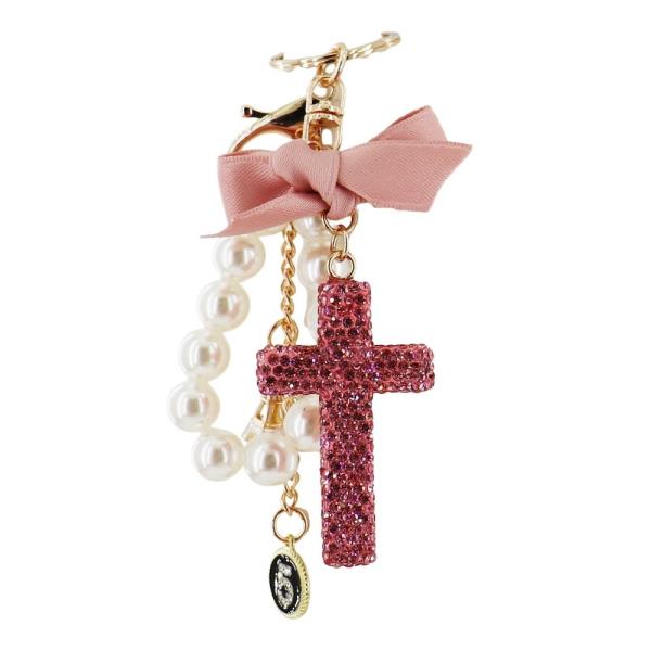 RHINESTONE CROSS BOW PEARL BAG CHARM KEYCHAIN