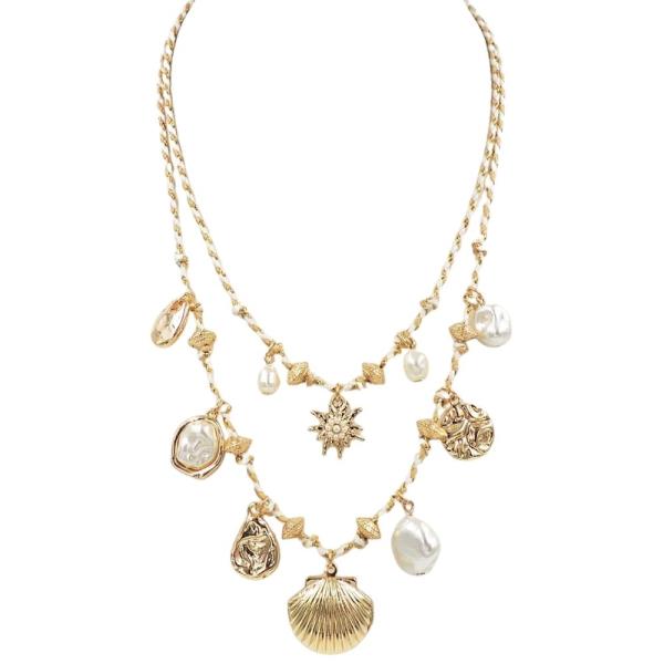 LAYERED SHELL PEARLS CHARM NECKLACE