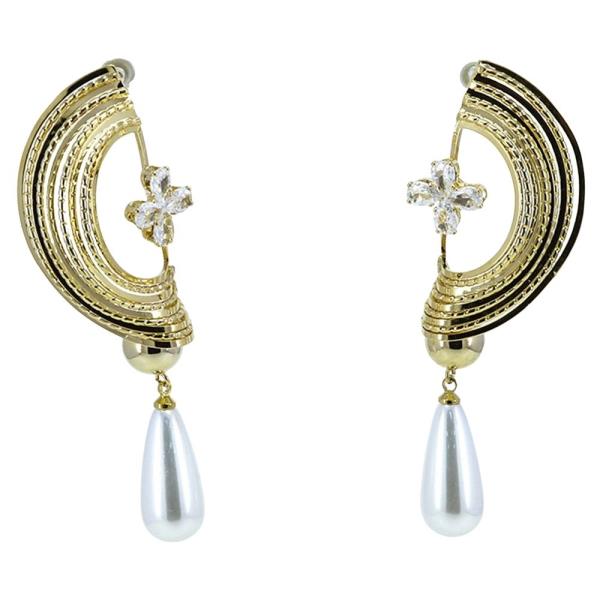 METAL RHINESTONE PEARL DROP EARRING