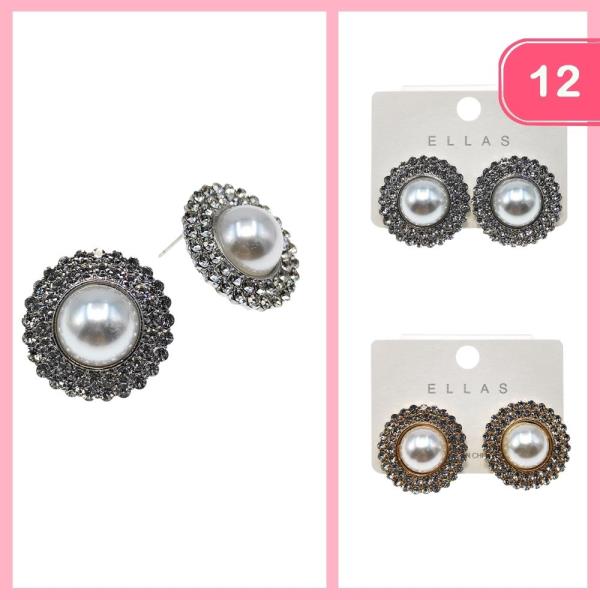 RHINESTONE ROUND PEARL POST EARRING (12 UNITS)