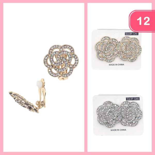 RHINESTONE FLOWER CLIP ON EARRING (12 UNITS)