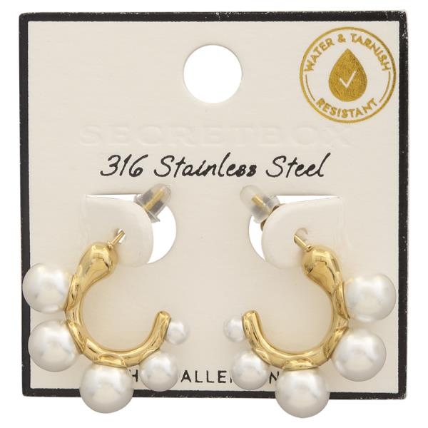 SECRET BOX STAINLESS STEEL PEARL STUD HOOP EARRING
