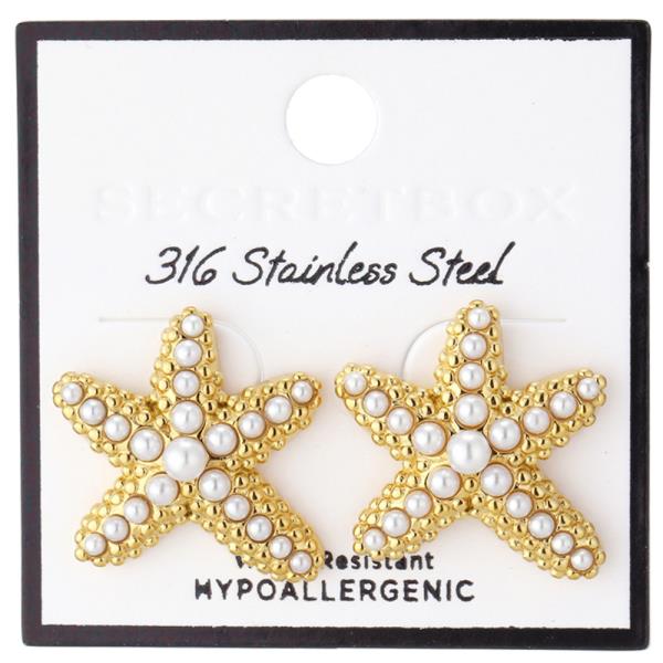 SECRET BOX STAINLESS STEEL PEARL STUD STARFISH EARRING