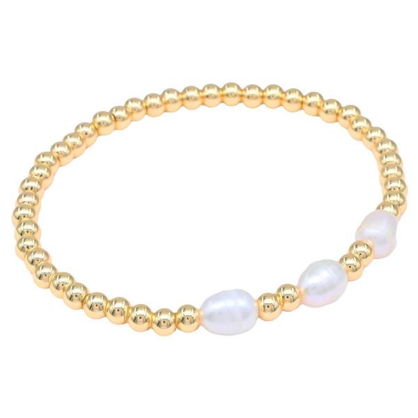 STAINLESS STEEL BALL THREE FRESH WATER PEARL STRETCH BRACELET