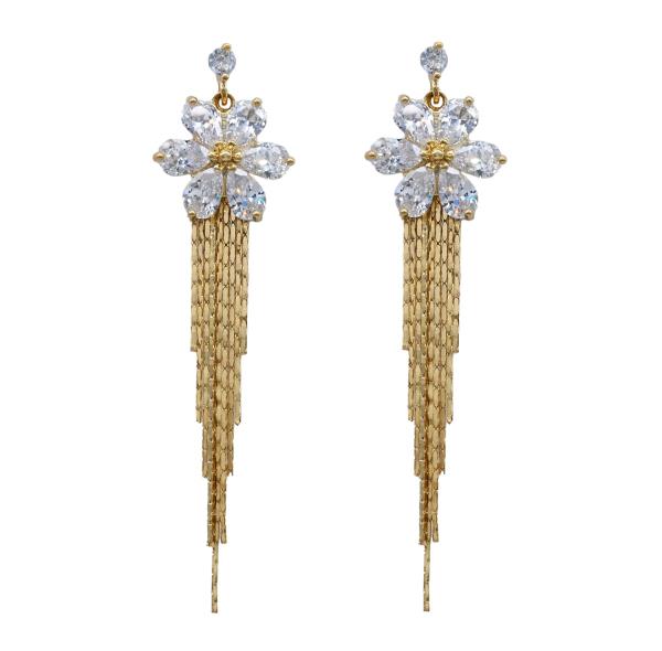 CZ FLOWER TASSEL DROP EARRING