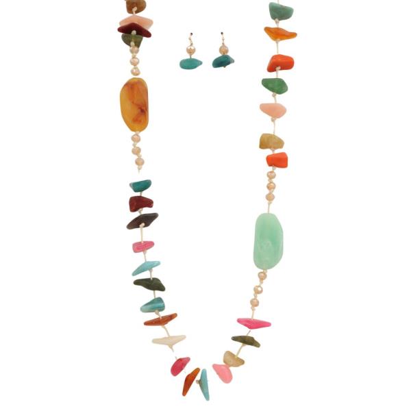 MULTI STONE BEAD LONG NECKLACE EARRING SET