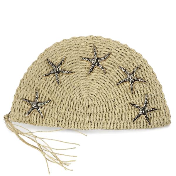 WOVEN STRAW STARFISH TASSEL HALF MOON CLUTCH BAG