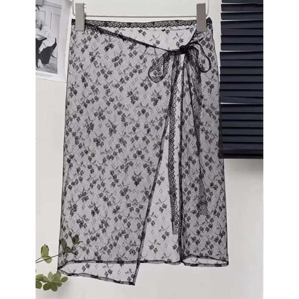 SHEER LACE FLORAL TIE SIDE WRAP SKIRT