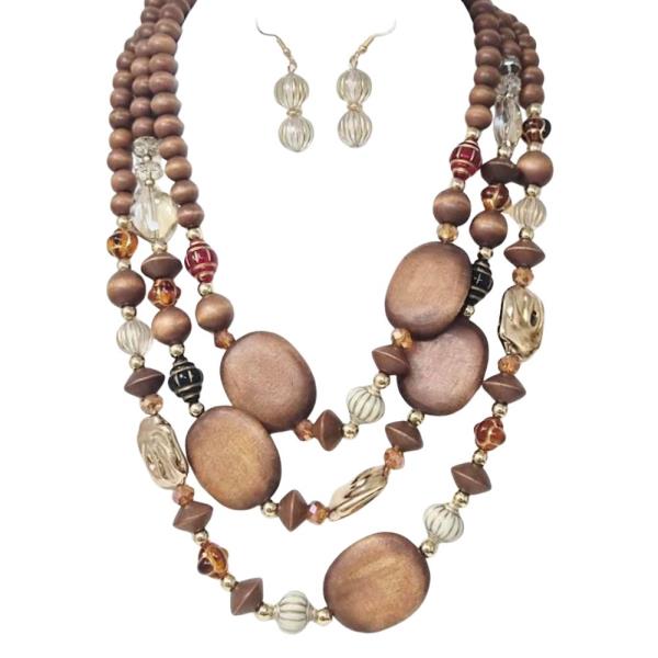 WOOD BEAD MULTI STRAND MIXED SHAPE LAYERED NECKLACE EARRING SET