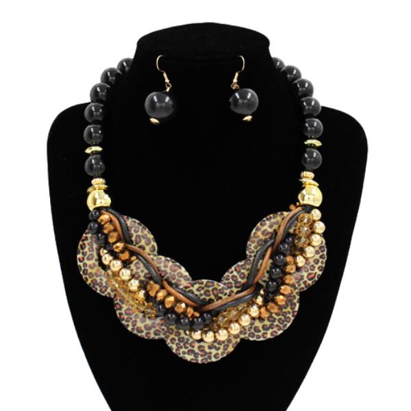 LEOPARD BEADED STATEMENT NECKLACE EARRING SET