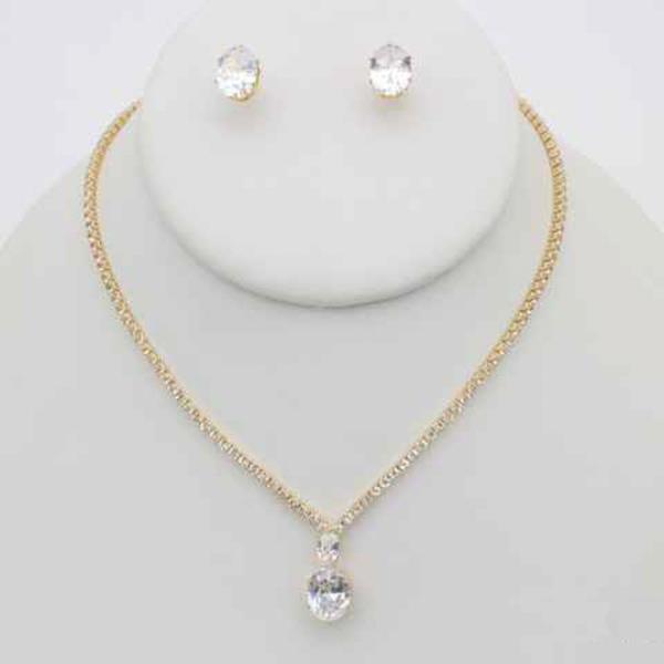 CZ STONE TEARDROP PENDANT NECKLACE EARRING SET