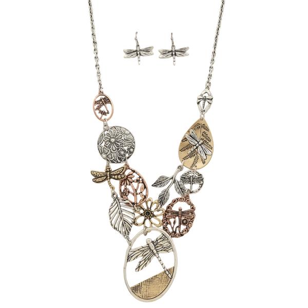 DRAGONFLY LEAF VINTAGE CHAIN NECKLACE EARRING SET