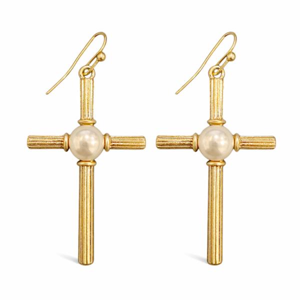 METAL CROSS PEARL DROP EARRING