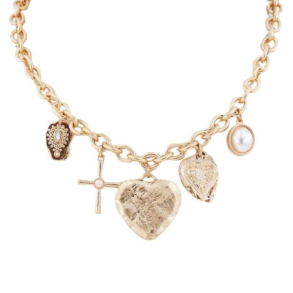 METAL HEART MULTI CHARM STATEMENT NECKLACE