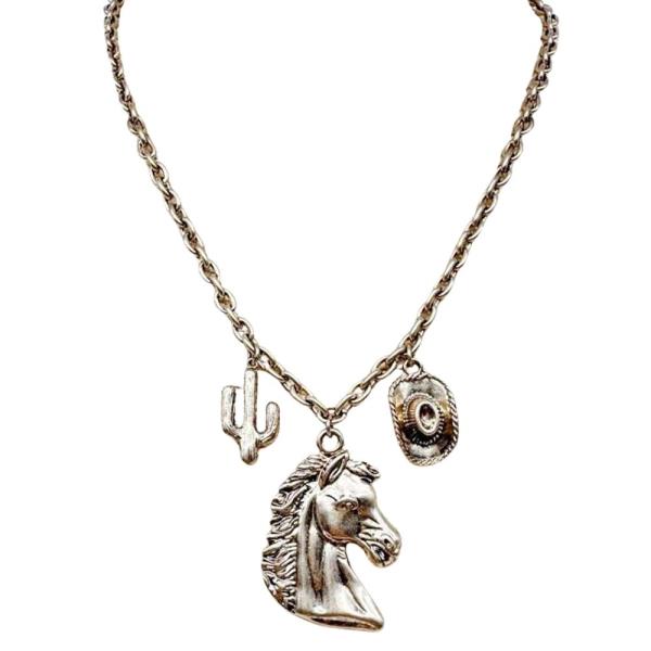 METAL WESTERN HORSE CACTUS COWBOY HAT MULTI CHARM NECKLACE