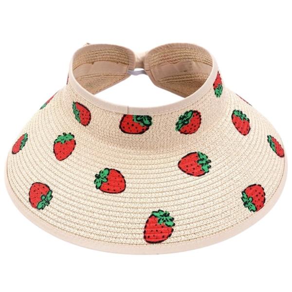 STRAW STRAWBERRY EMBROIDERY WIDE BRIM VISOR SUN HAT