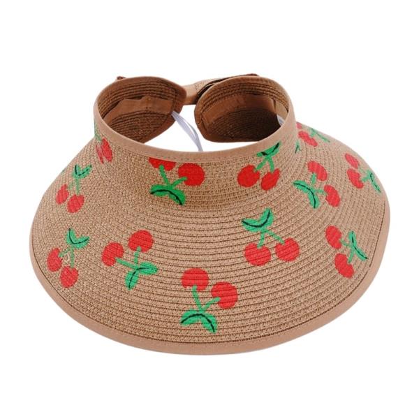 STRAW CHERRY EMBROIDERY WIDE BRIM VISOR SUN HAT