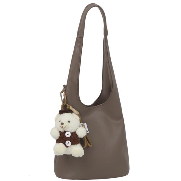 PLAIN TEXTURED SHOULDER HOBO BAG W DOLL KEYCHAIN