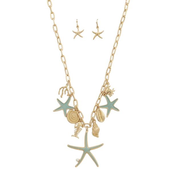 SEA LIFE CHARM PENDANT CHAIN LINK NECKLACE EARRING SET