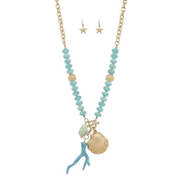 SEA LIFE CORAL SHELL BEAD CHAIN LINK NECKLACE EARRING SET