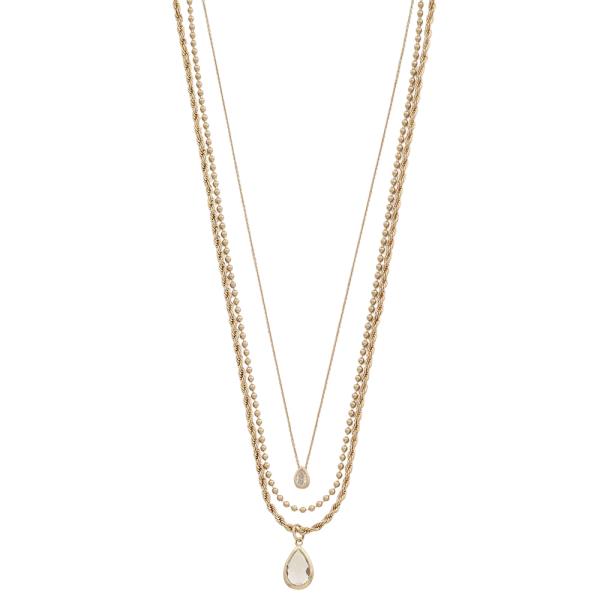 CRYSTAL TEARDROP PENDANT METAL BEAD CHAIN LAYERED NECKLACE