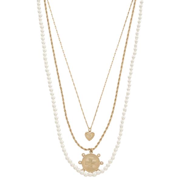 HEART ROUND CROSS PENDANT PEARL CHAIN LAYERED NECKLACE