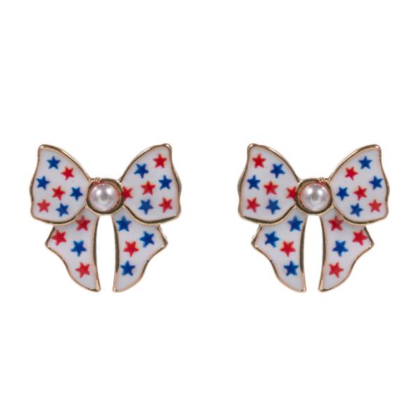BOW SHAPED ENAMEL W/ AMERICAN FLAG PATTERN EARRING