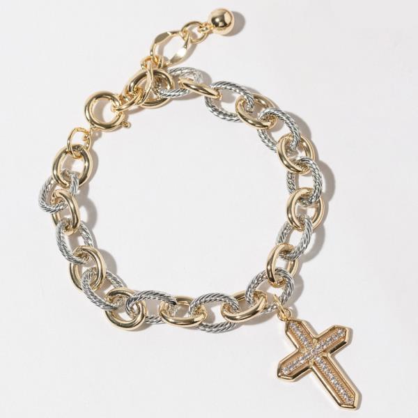 GOLD DIPPED CUBIC ZIRCONIA CHAIN LINK CROSS PENDANT BRACELET