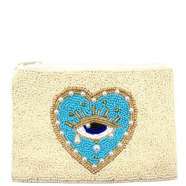 SEED BEAD PEARL EVIL EYE HEART COIN PURSE