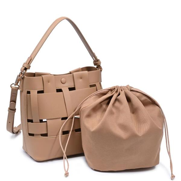 2IN1 WOVEN STRUCTURED BUCKET CROSSBODY BAG W DRAWSTRING POUCH SET