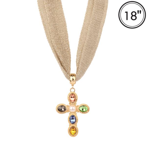 FABRIC RHINESTONE CROSS NECKLACE