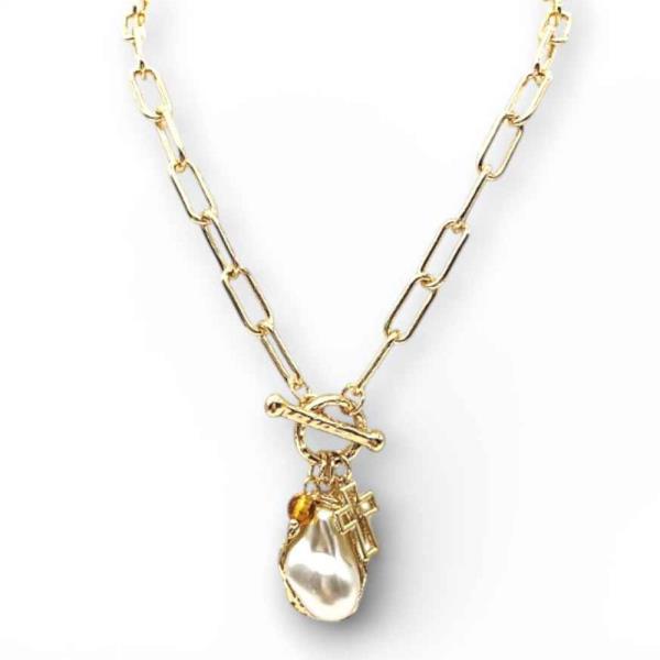 PEARL & CROSS TOGGLE NECKLACE