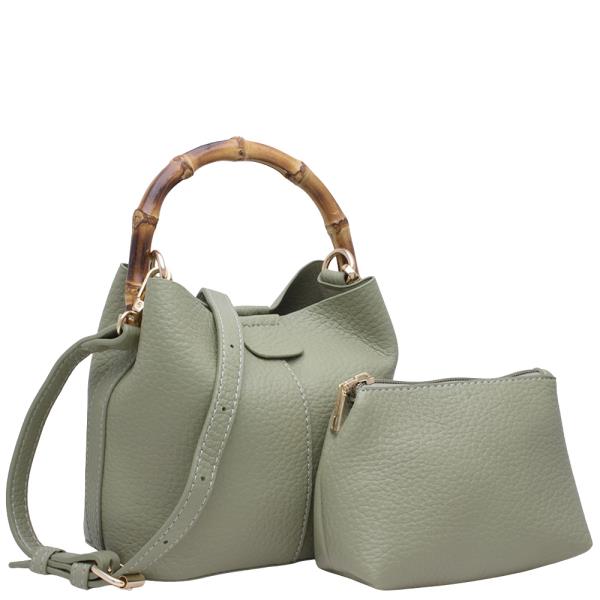 2IN1 TEXTURED BAMBOO HANDLE BUCKET CROSSBODY W ZIPPER POUCH BAG SET