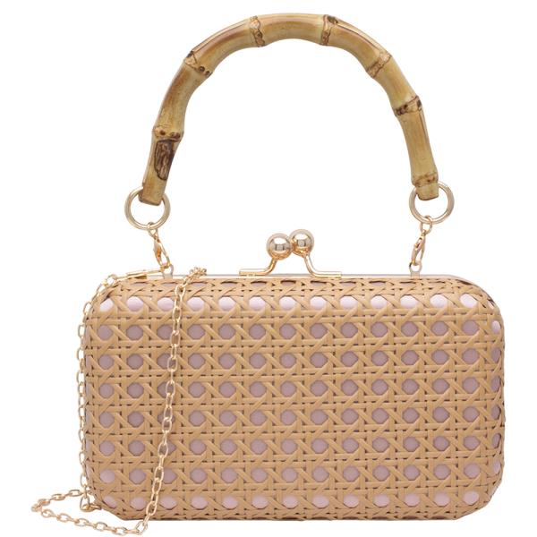 TEXTURED WOVEN DESIGN BAMBOO HANDLE EVENING BAG