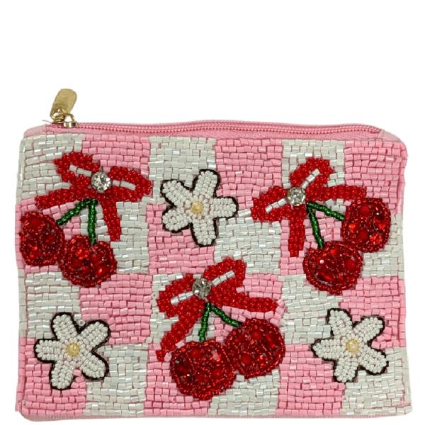SEED BEAD CHERRY FLOWER COIN PURSE BAG