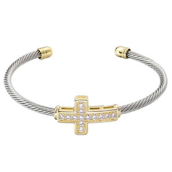 TWO TONE CZ CROSS CABLE CUFF BRACELET