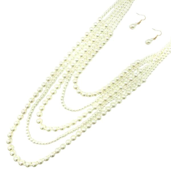 5 LAYRED PEARL STATEMENT NECKLACE EARRING SET