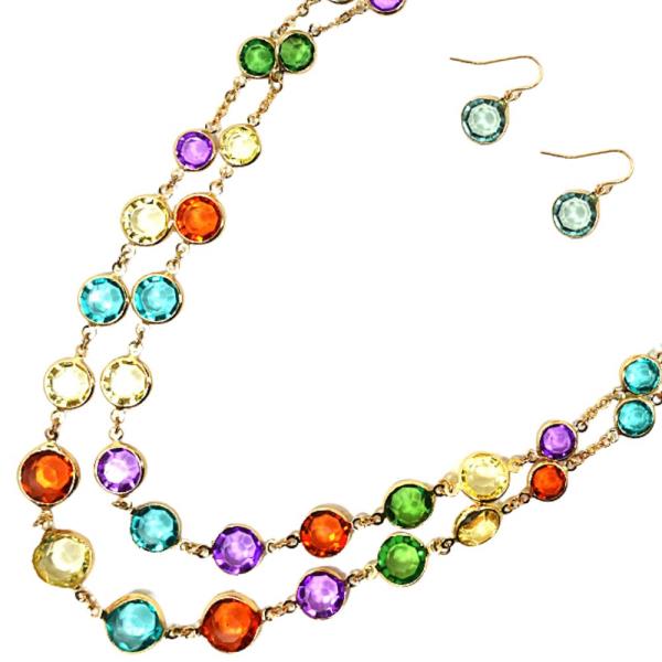 MULTI COLOR STONE LAYERED NECKLACE EARRING SET