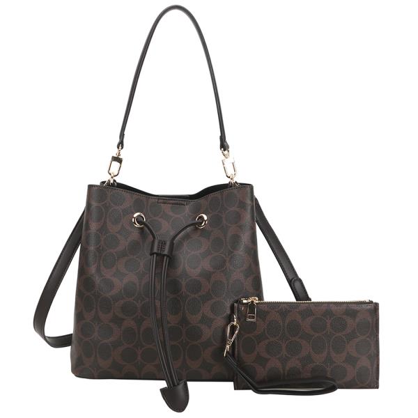 2IN1 OVAL PRINT DRAWSTRING BUCKET CROSSBODY BAG W CLUTCH SET