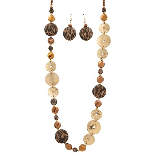 METAL HAMMERED DISC LEOPARD BEAD MULTI BEAD NECKLACE EARRING SET