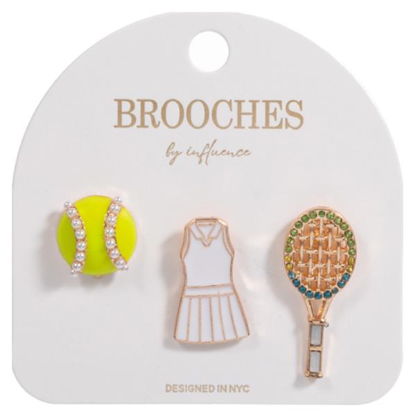 TENNIS BALL, RACKET  AND DRESS ENAMEL COLORED 3 SET BROOCH