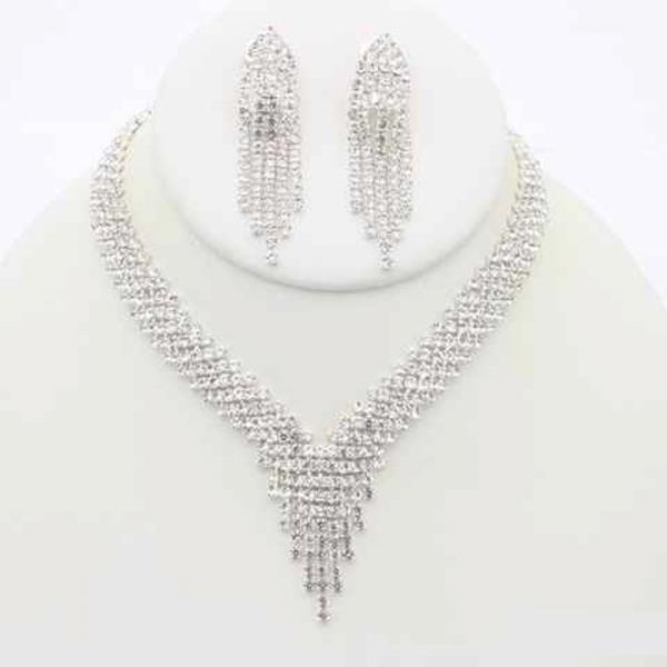 RHINESTONE V SHAPE STATEMENT NECKLACE CLIP ON EARRING SET