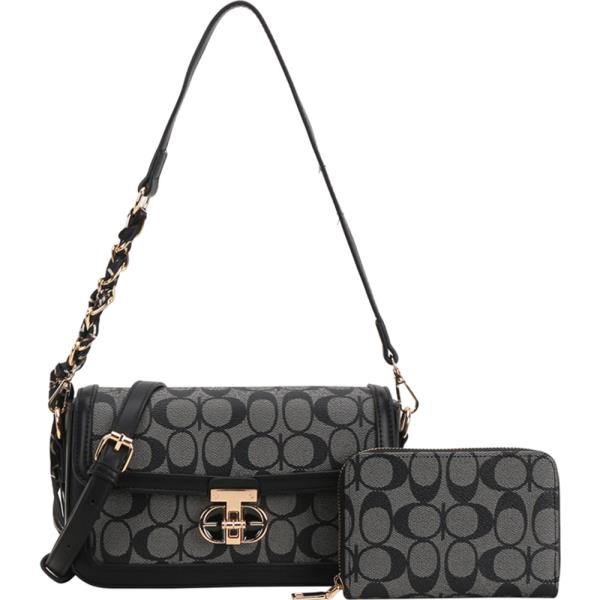 MONOGRAM FAUX LEATHER SHOULDER CROSSBODY BAG WALLET SET