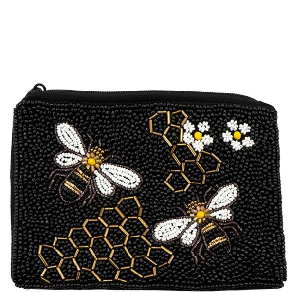 SEED BEAD BEE WITH FLOWER BEAD COIN BAG