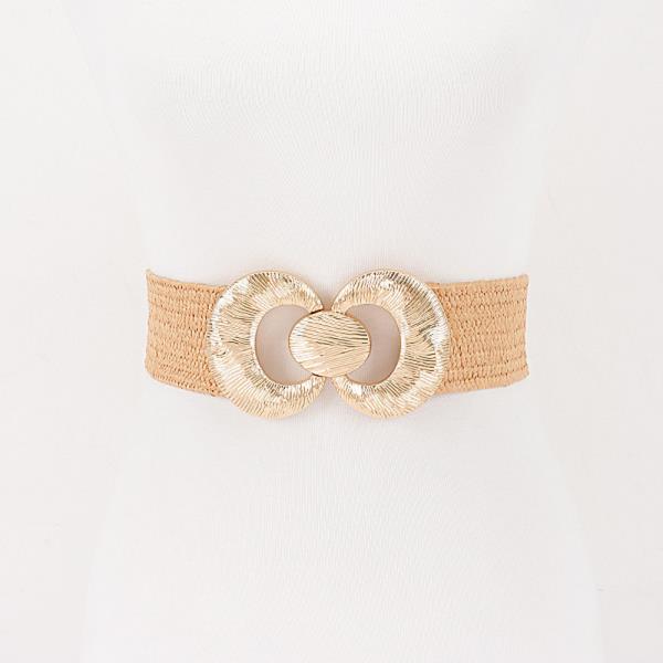 FAUX STRAW BIG METAL BUCKLE ELASTIC BELT